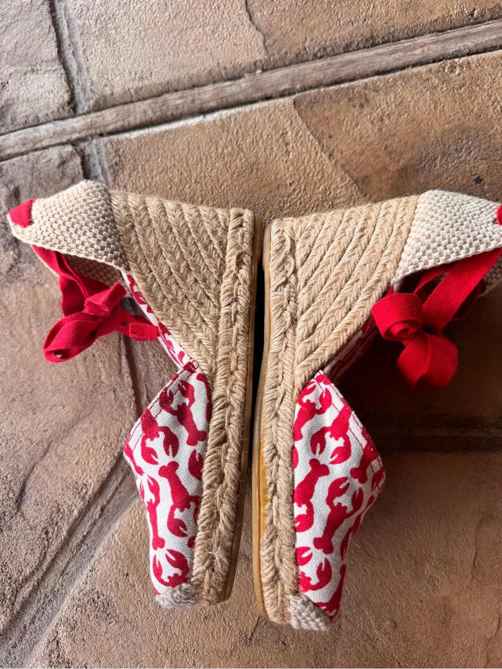 Tory Burch Lobster Print Wedge Wrap Espadrilles Ankle Tie Canvas EU 35 US 5